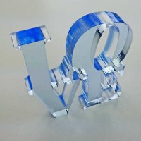 LOVE Schriftzug | zweireihig | &quot;Sandwich&quot; aus klarem und transparent-blauem Acrylglas | 120 mm hoch